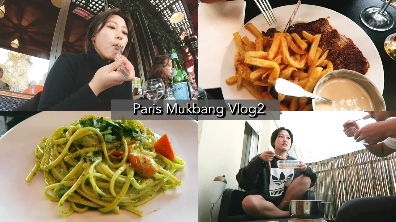 [MukbangVlog] in Paris! Margherita pizza + Pesto Pasta + Army Base stew Ramyun in Terrace!!