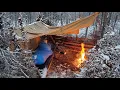 Download Lagu Winter Camping in Snow Storm with Survival Shelter \u0026 Bushcraft Cot.