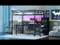 Loft Bed with L-shaped Desk and USB Metal Loft Bed with Wardrobe and Adjustable Shelf