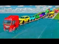 Download Lagu Triple Flatbed Trailer McQueen Transportation with Truck - Speedbumps vs Cars vs Train - BeamNG #242