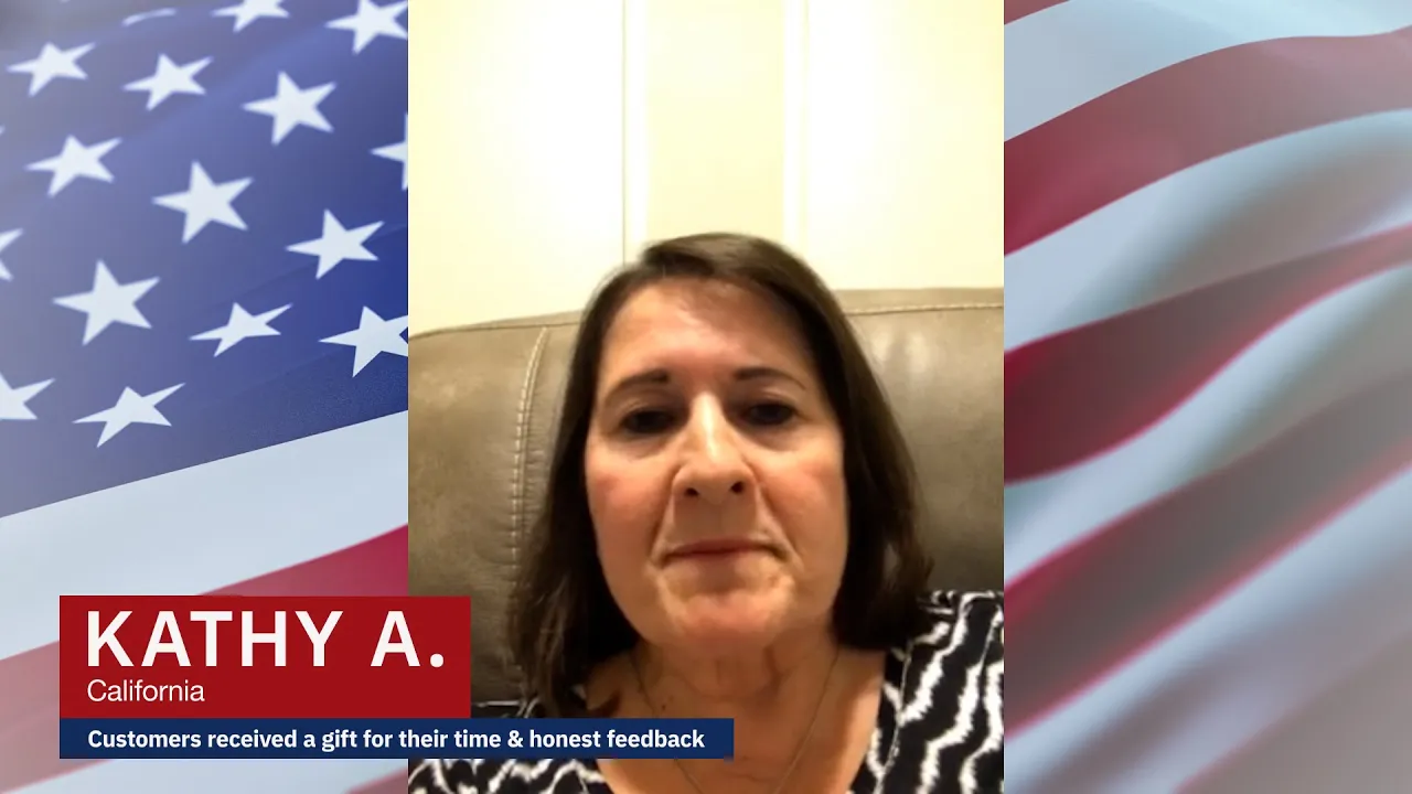 A woman named Kathy A. from California gives a video testimonial about her experience with 4Patriots Victory Garden Seeds. She is seated in a leather chair, flanked by American flag graphics, with on-screen text noting that customers received a gift for their time and honest feedback.