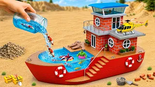 mini tractor builds a modern brick houseboat with a swimming pool