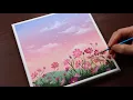 Cosmos Flowers Landscape Easy acrylic painting for beginners PaintingTutorial Painting ASMR