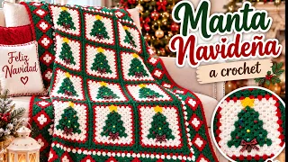 Cómo Tejer Manta Navideña a Crochet con Cuadros de Árbol | Colcha Navideña Fácil y Rápida ✨
