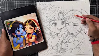 Draw With Me - Cute Radha Krishna Drawing, Janmashtami Drawing,  Krishna Drawing 😍