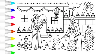 Happy Diwali πͺ with family Drawing for Kids & Toddlers | Easy Diwali Drawing, Colouring and Painting