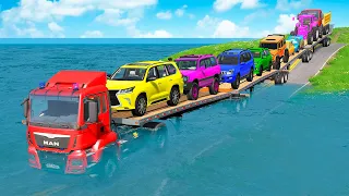 Triple Flatbed Trailer McQueen Transportation with Truck - Speedbumps vs Cars vs Train - BeamNG #17