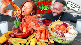 2X SPICY SEAFOOD BOIL MUKBANG VS HEALTH SALAD MUKBANG CHALLENGE | QUEEN BEAST & HUSBAND