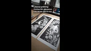 Printing two companion Lino blocks Bird Koi
