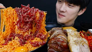 ASMR 비빔면 한우 육회 & 족발 & 보쌈 필승 조합 SPICY NOODLES & RAW BEEF & JOKBAL & BOSSAM REAL MUKBANG