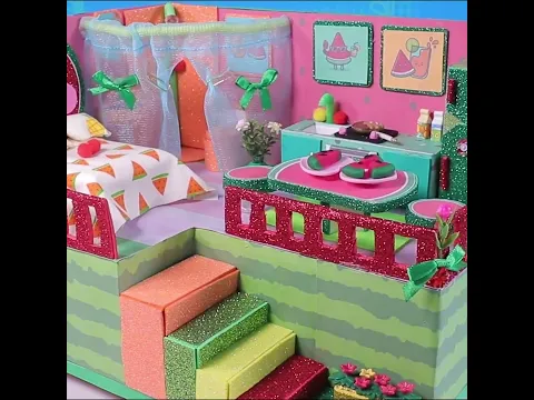DIY Miniature Watermelon Cardboard House | Cozy Kitchen, Cute Bedroom & Bright Bathroom🍉 #Shorts