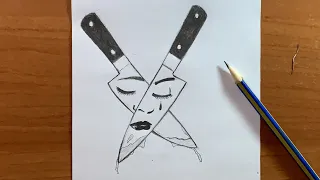 رسم تعبيري حزين وسهل تعلم رسم انعكاس وجه امراة تبكي داخل سكاكين 