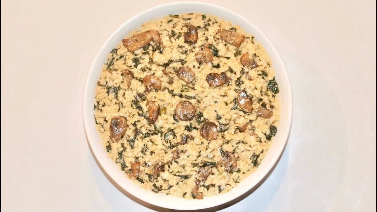 Vegan Savory Oatmeal With Mushrooms And Spinach.