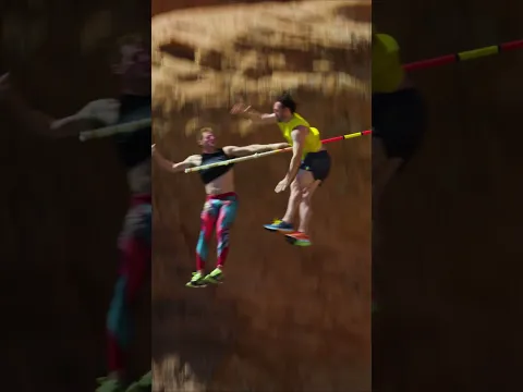 Two dudes pole vault OFF CLIFF!