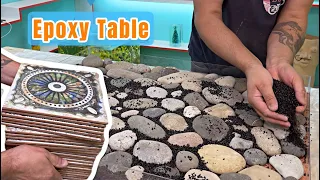 Epoxy table made of stones and ceramic tiles / Эпоксидный стол из камней и керамической плитки
