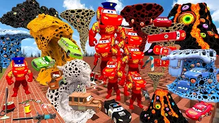 All Size Tiny To Giant Lightning Mcqueen vs Trypophobia Tornado Tsunami Volcano Cars in Maze EP 17