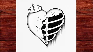 how to draw a broken heart with crown dark aesthetic pencil art