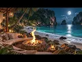 Tropical Cove Lounge at Night Beach Patio | Calming Ocean Waves & Wood Fire Crackles Ambient