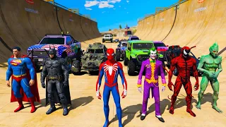 Super Heroes Spiderman, Batman, Superman Challenge CARS in GTAV !Человек Паук Мега спуск на рампе !