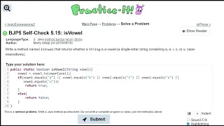 Java Practice It 5 15 isVowel boolean method with string parameter equals toLowerCase