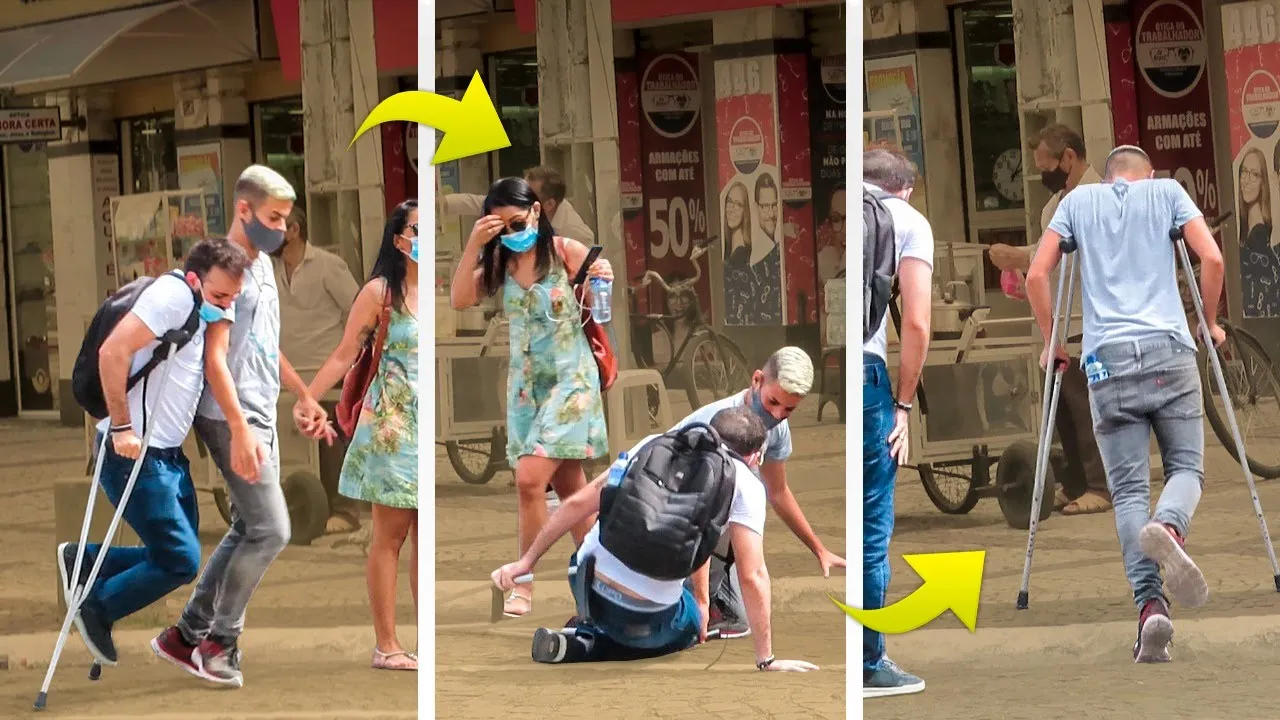 PEGADINHA: CAINDO DE MULETA E DEIXANDO ESTRANHOS CONFUSOS