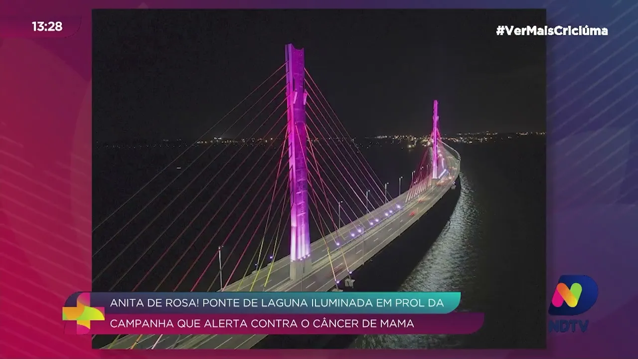 Ponte de Laguna iluminada em prol da campanha que alerta contra o câncer de mama