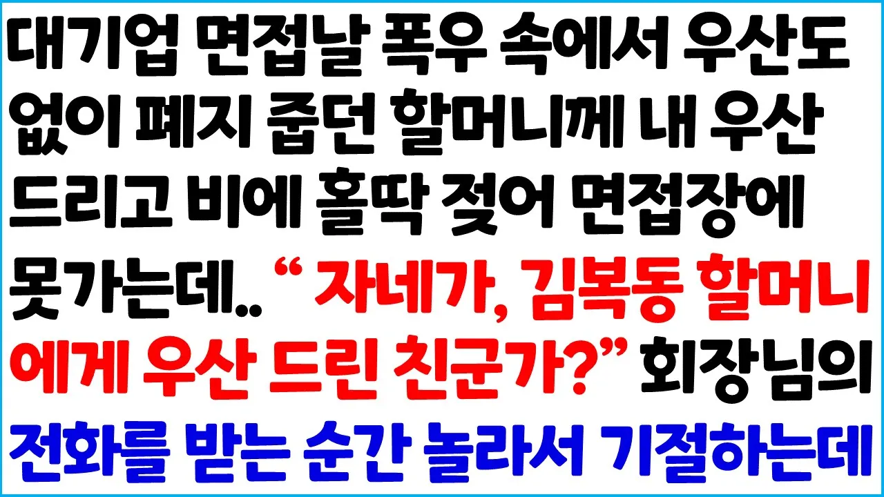 Outline Video [반전사이다사연] 대기업 면접날 폭우 속에서 우산도 없이 폐지 줍던 할머니께 내 우산 드리고 비에 홀딱 젖어 면접장에 못가는데.. " 자네가, ~/라디오드라마/사연라디오/신청사연
