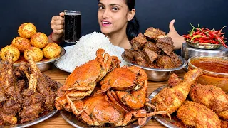 Egg Curry Mutton Curry Crab Curry Chicken Leg Curry Mutton Kaleji Curry With Basmati Rice Eating 