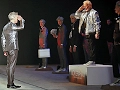 Buzz Aldrin and Bill Nye walk in fashion show