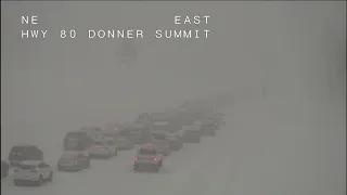 Traffic cam shows snowy standstill on I-80 near Tahoe