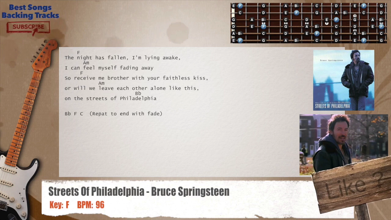 🎸 Streets Of Philadelphia - Bruce Springsteen Guitar Backing Track with chords and lyrics