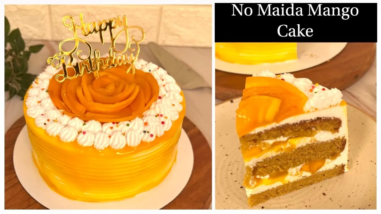 Easy Mango Cake Without Maida With Homemade Mango Crush & Glaze   No Milk Powder, Eggless Mango Cake