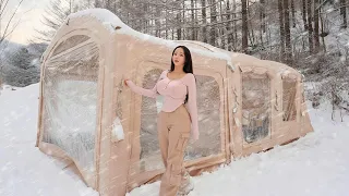 Camping In Snow With 2 Room Inflatable Tent Camp ASMR 