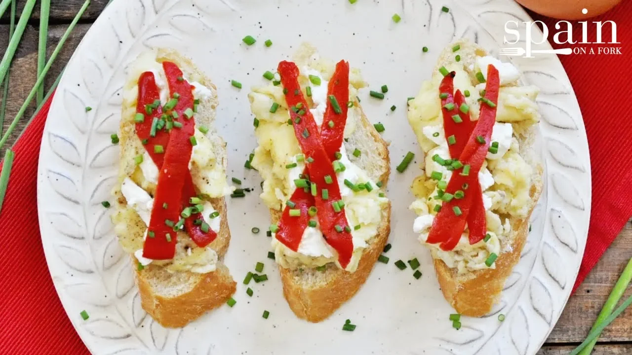 Scrambled Egg Montaditos with Roasted Peppers & Goat Cheese