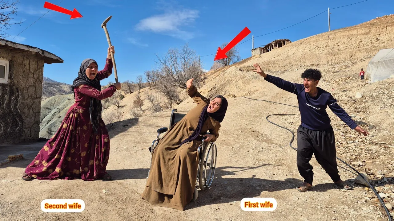 Love and betrayal: husban anger at his second wife, who attacks his paralyzed first wife.