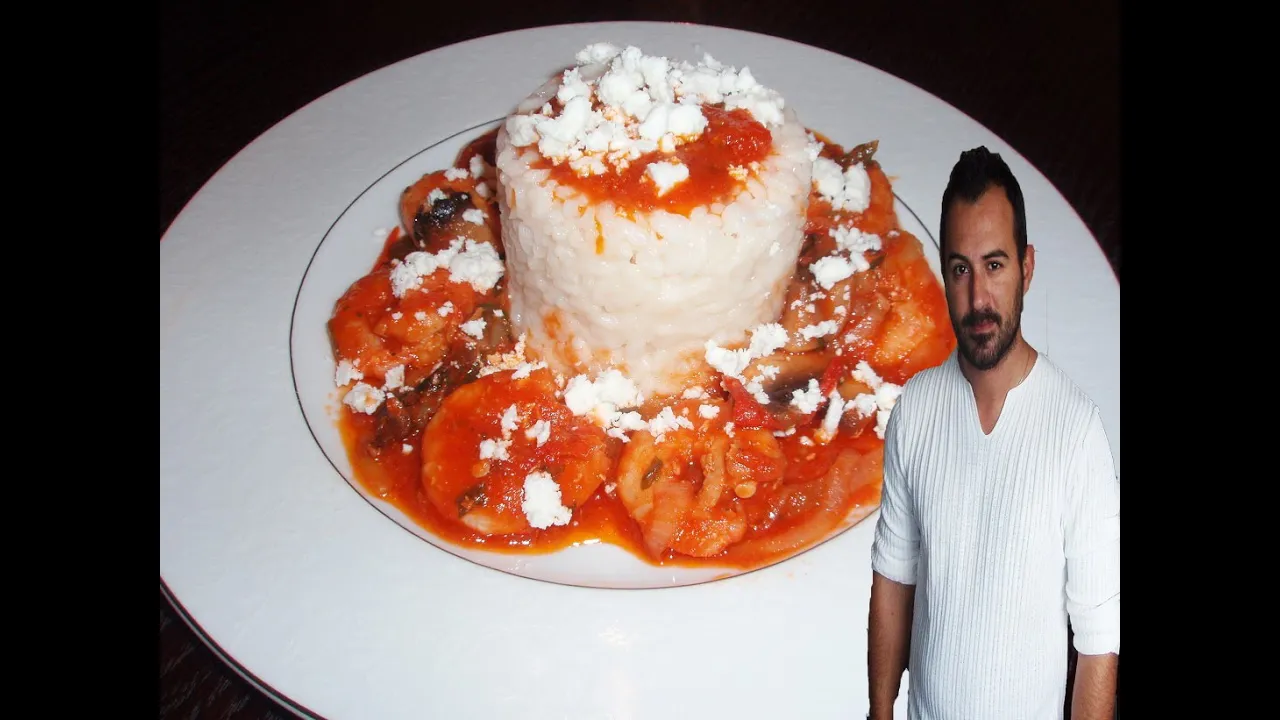 Shrimps with rice (pilaf) ,veggies and feta cheese