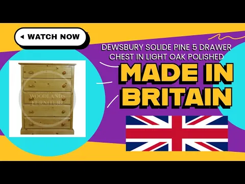 Product video preview for UK Handmade Solid Pine 5 Drawer 90cm Wide Chest of Drawers - Dewsbury Light Oak Polished - Fully Assembled (Made to Measure)