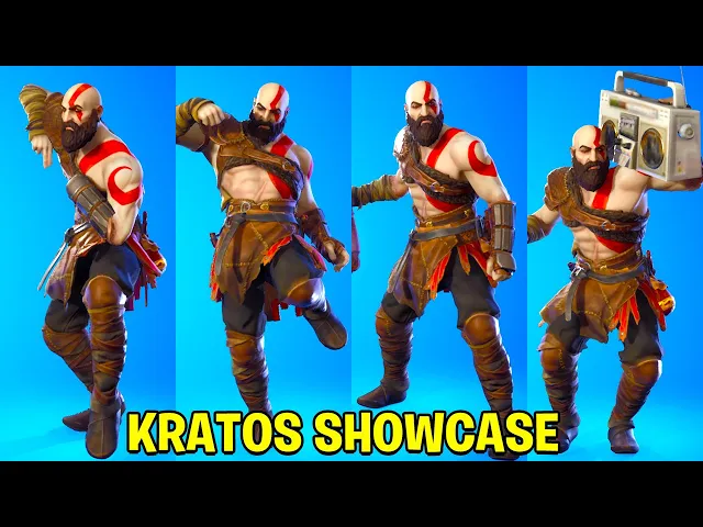 Fortnite KRATOS Skin Showcase With Best Dances &amp; Emotes! (Built-In Kratos Emote, Scenario, Rollie)