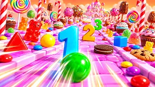 🎳🍭 Bowling Ball Smashes Kinetic Sand! Learn Numbers, Animals & Shapes for Kids in Candyland
