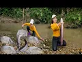 Lagu Discovering a school of fish in a puddle near a large stream, Ana used a net to catch many big fish