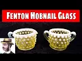 James Antique Man Fenton Vaseline Glass Hobnail Creamer and Sugar