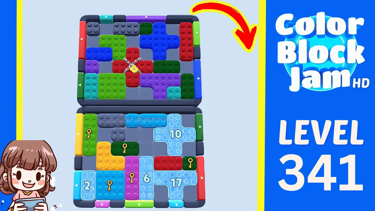 Color Block Jam Level 341 2:10 two-tray board with chained upper red cross and lower numbered blockers 2, 6, 10, and 17 opening frame