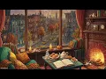 rainy autumn day with crackling fireplace in a cozy room | vintage oldies playing in another room