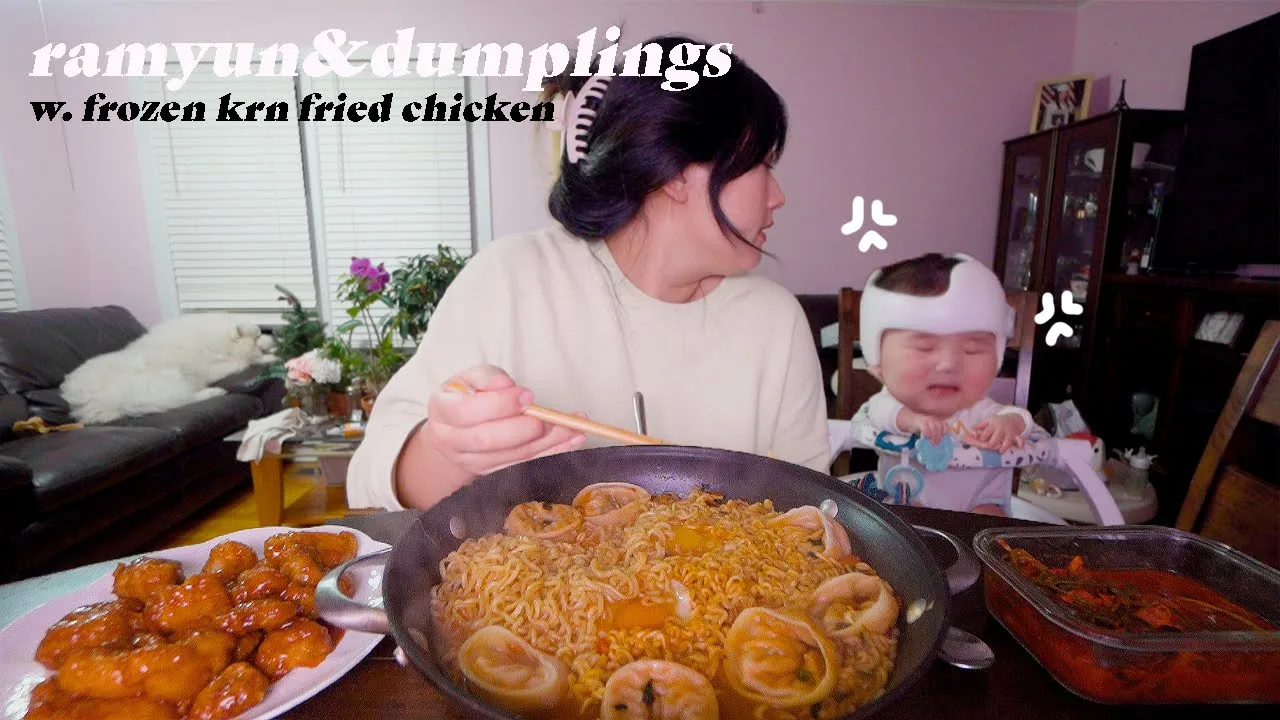 Cheat day meal w. Shin Ramyun+kimchi dumplings & korean Frozen Spicy Fried Chicken