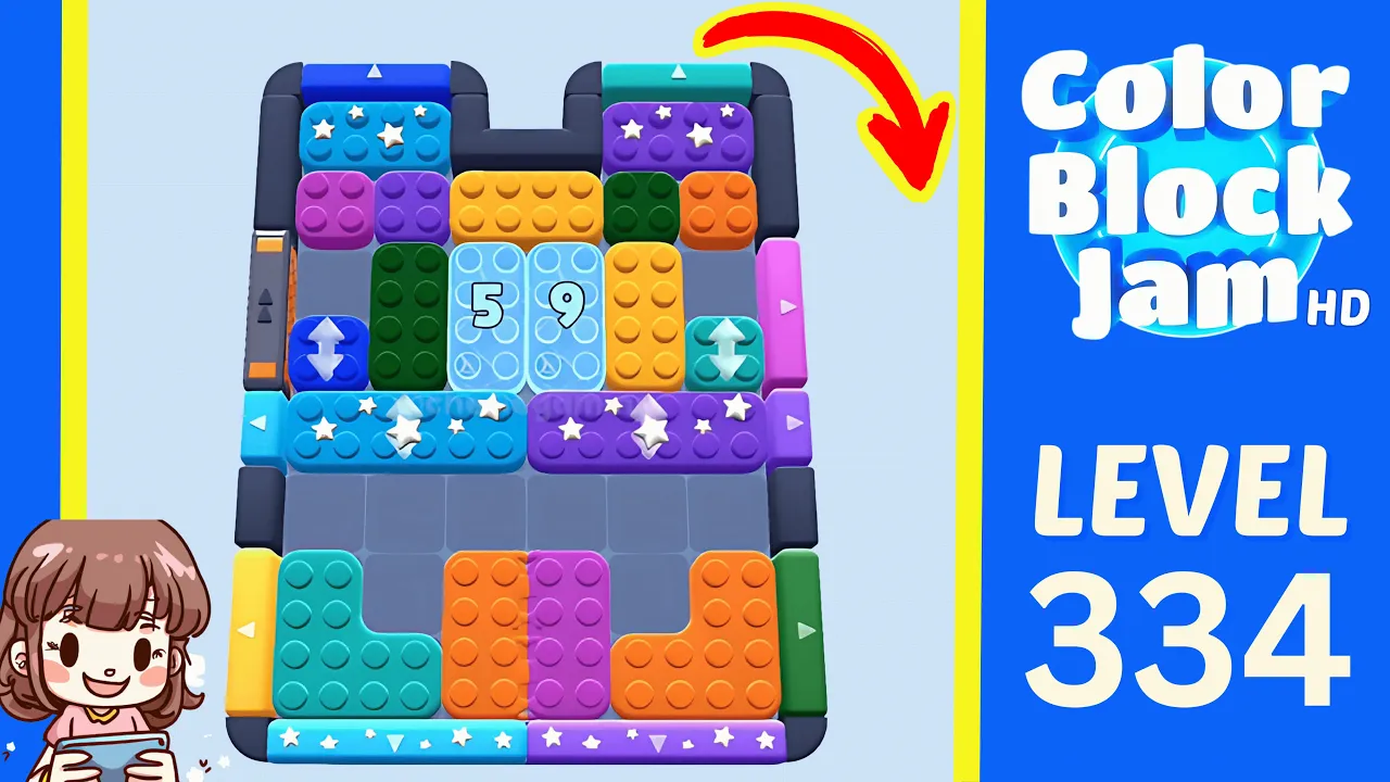 Color Block Jam Level 334 1:50 opening layout with central 5 and 9 ice blocks opening frame