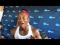 Janeek Brown of Arkansas talks after winning 2019 NCAA 100h title in new Jamaican NR of 12 40