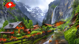 المشي تحت المطر في أجمل قرى سويسرا 4K جولة رائعة في المطر الغزير 