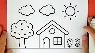 رسم منزل سهل رسم حديقة منزل رسم منظر طبيعي رسم سهل تعليم الرسم للمبتدئين خطوة بخطوة 