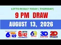 Lotto Results Today 9pm Draw August 13 2026 PCSO