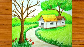 كيفية رسم منظر طبيعي مع قرية صغيرة بالتلوين تعلم الرسم خطوة بخطوة رسم بالتلوين 